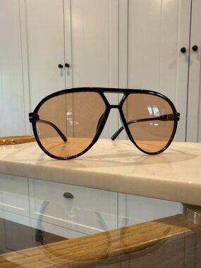 Oversized Black Aviator Sunglasses Brown-Orange Tint Lenses Modern Bridge